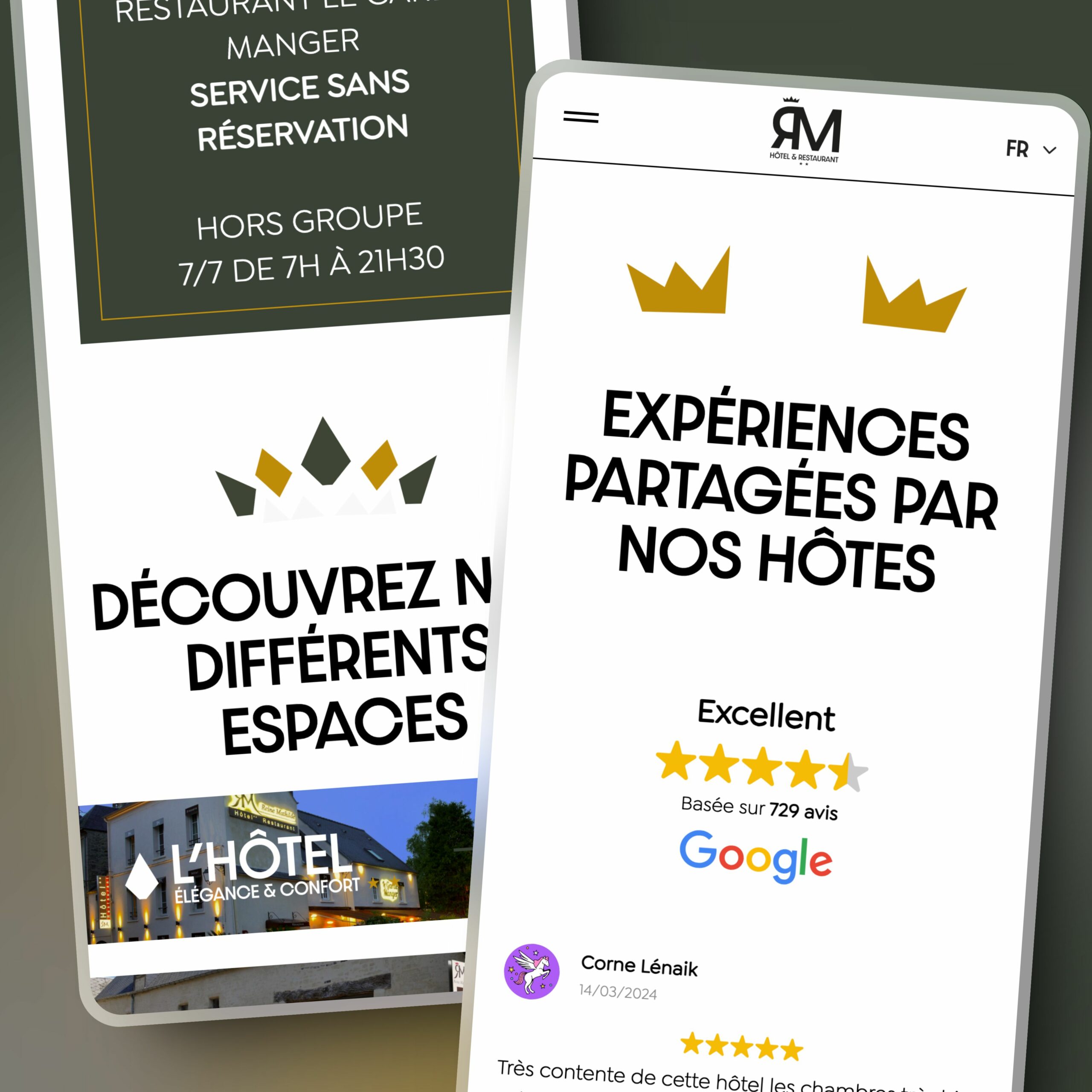 Capture d'écran de différents blocks sur le site de l'Hôtel la Reine Mathilde en version mobile