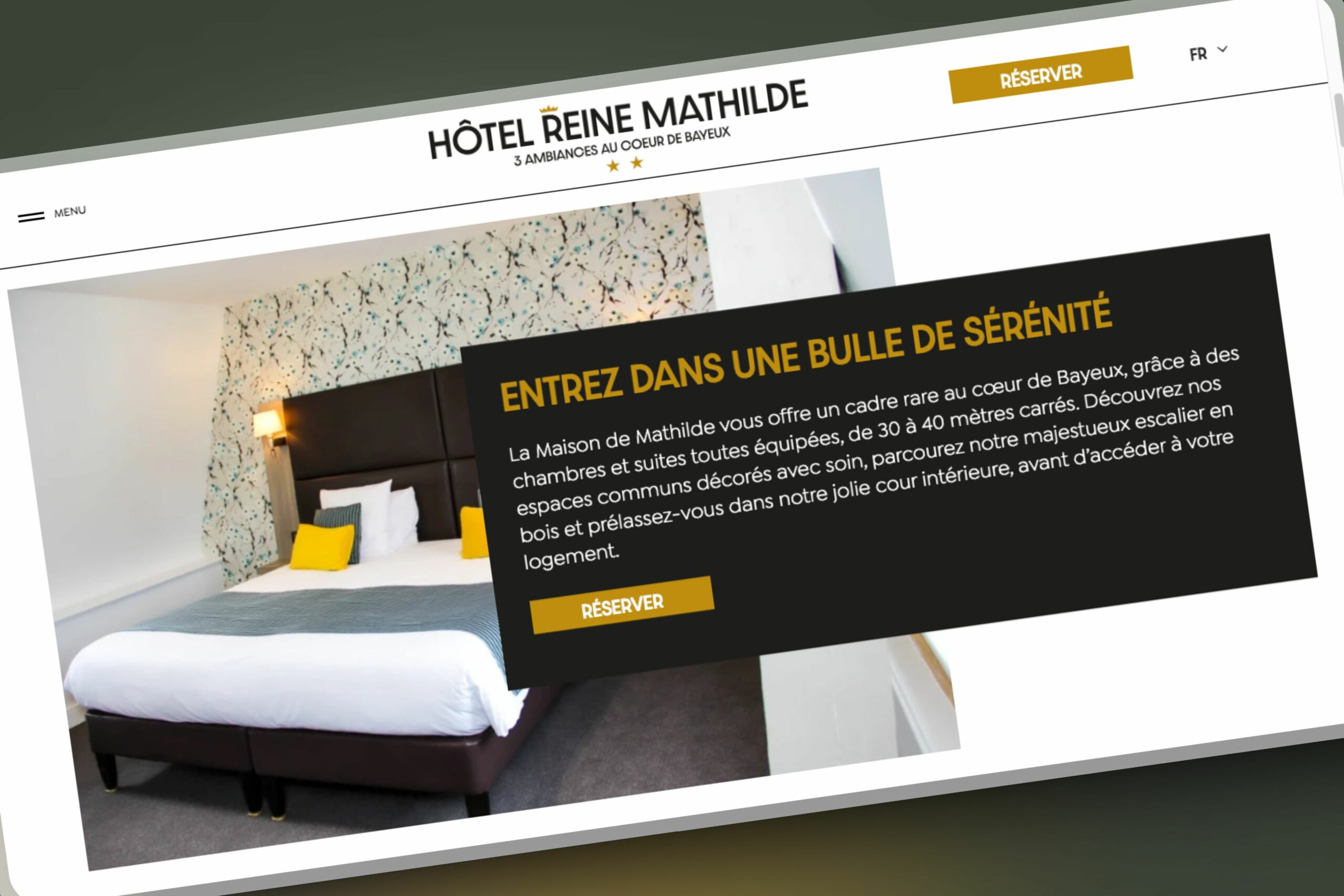 Capture d&#039;écran de la page d&#039;accueil sur le site de l&#039;Hôtel la Reine Mathilde version alternative